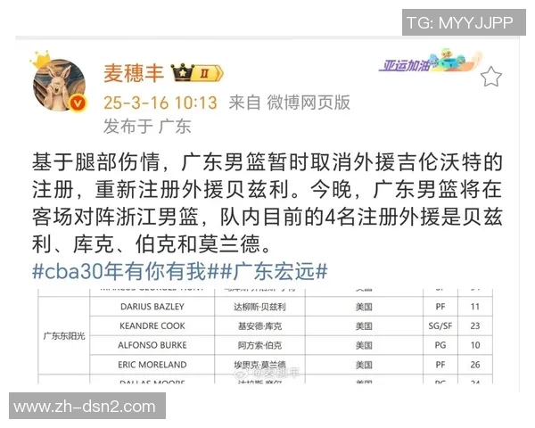 广东队调整外援阵容吉伦沃特被取消注册贝兹利重新加盟
